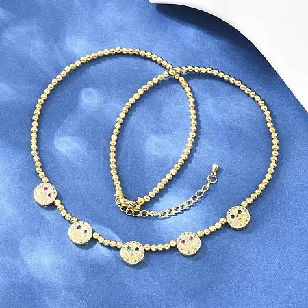 Brass Micro Pave Colorful Cubic Zirconia Smiling Face Round Beaded Bib Necklaces for Women NJEW-F364-07B-G-1