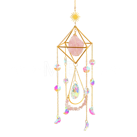 Geometric Natural Raw Rose Quartz Suncatchers DJEW-PW0007-01D-1