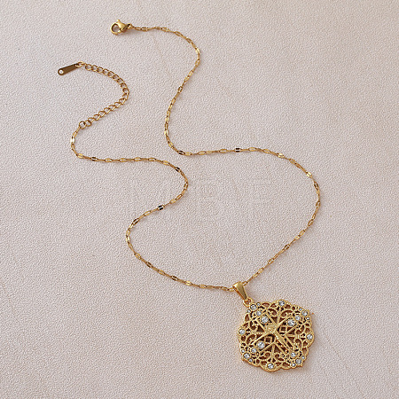 Vintage 304 Stainless Steel Crystal Rhinestone Hollow Flower with Jesus Cross Pendant Necklaces for Women LH2186-1