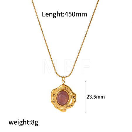 Natural Rose Quartz Flower Teardrop Pendant 304 Stainless Steel Chain Necklaces for Women FS-WG9E461-03-1