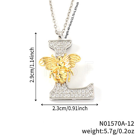 Brass Micro Pave Clear Cubic Zirconia Bee Initial Pendant Necklaces FS-WGF5E80-12-1