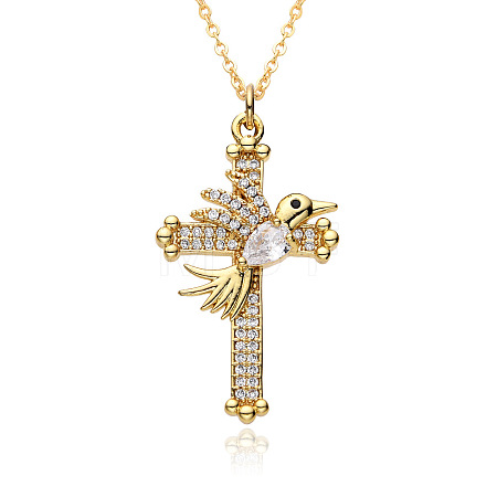 Brass Micro Pave Clear Cubic Zirconia Cross with Bird Pendant Necklaces FS-WG8523C-04-1