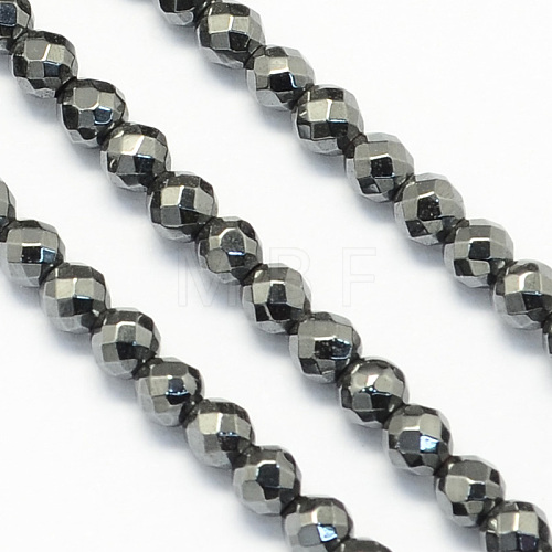 Faceted Round Natural Black Stone Beads Strands G-S137-03-1
