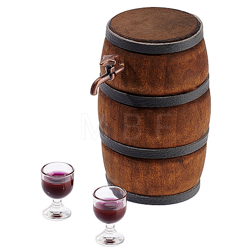 Wood & Alloy & Resin Red Wine Barrel & Wine Glass & Faucet Set DJEW-WH0050-23A-1