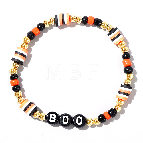 Adjustable Halloween Punk Style BOO Polymer Clay & Brass Stretch Beaded Bracelets in Black XD4553-4-1