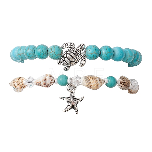 2Pcs 2 Style Synthetic Turquoise & Glass & Shell Stretch Bracelets with Tortoise BJEW-JB10091-02-1