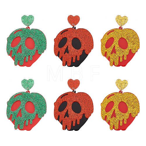 ANATTASOUL 3 Pairs 3 Colors Halloween Pumpkin with Skull Acrylic Dangle Stud Earrings EJEW-AN0002-19-1