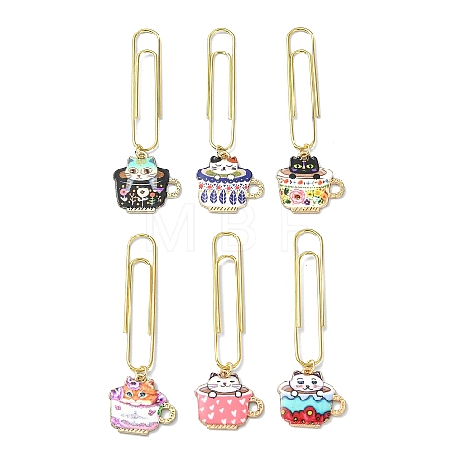 Cup with Cat Alloy Enamel Pendant Bookmarks AJEW-JK00305-1