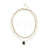 Green Glass Rectangle Charms Triple Layer Necklace NJEW-C036-08G-1