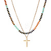 Stainless Steel Religion Cross Pendant Colorful Natural Mixed Gemstone Rondelle Beaded Double Layer Necklaces for Women TF5926-5