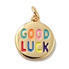 Flat Round with Word Good Luck Brass Enamel Pendants X-KK-G419-27G-2