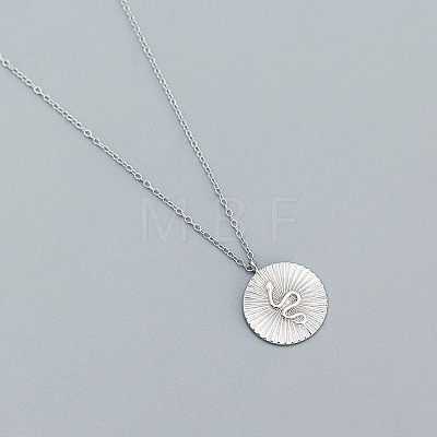 925 Sterling Silver Flat Round with Snake Pendant Necklaces Creative Design Collarbone Jewelry UA4626-2-1