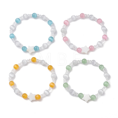 4Pcs 4 Colors Cat Eye & Imitation Austrian Crystal Beads Stretch Bracelets for Women BJEW-TA00695-1