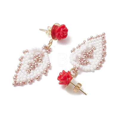 Rose with Leaf Seed Beads Stud Earrings EJEW-MZ00222-02-1