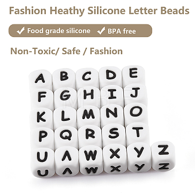 20Pcs White Cube Letter Silicone Beads 12x12x12mm Square Dice Alphabet Beads with 2mm Hole Spacer Loose Letter Beads for Bracelet Necklace Jewelry Making JX432I-1