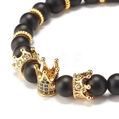 Round Synthetic Black Stone Beaded Stretch Bracelet with Crown for Women BJEW-JB07530-03-1