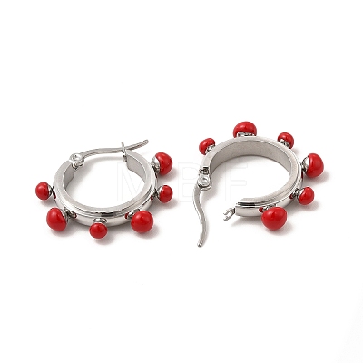 Red Enamel Round Beaded Hoop Earrings EJEW-P219-14P-1