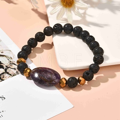 Natural Lava Rock & Oval Mixed Stone Beads Stretch Bracelet BJEW-JB07077-1