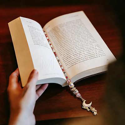 1Pc Alloy & Resin & Glass Seed Bead & Rhinestone Moon Star Beaded Chain Bookmarks AJEW-BM0001-40-1