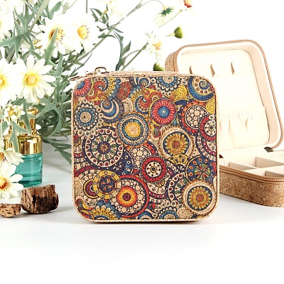 Ethnic Portable Printed Square Cork Wood Jewelry Packaging Zipper Box for Necklaces Earrings Storage PW-WG18771-01-1