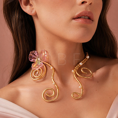 Adjustable Alloy & Resin Flower Spiral Cuff Choker Necklaces with Imitation Pearl WGC7B88-01-1