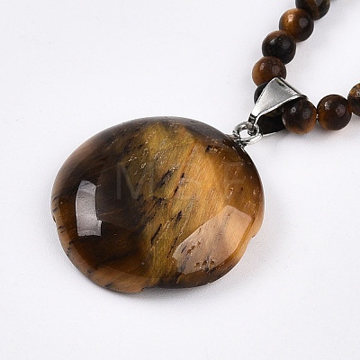 Natural Tiger Eye 4.5mm Round Beaded Flower Pendant Necklaces NJEW-T016-04I-1