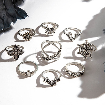 9Pcs 9 Styles Aniaml Alloy Spider & Snake & Bat & Flower Finger Rings Sets for Women PW-WG5EE65-01-1