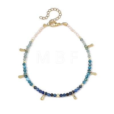 Natural Apatite & Kyanite Faceted Round and Pearl Beaded Anklets AJEW-AN00872-01-1