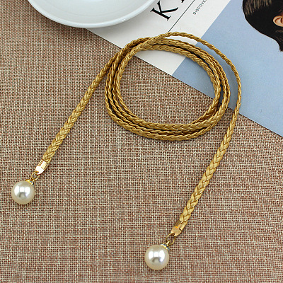 Imitation Leather Braided Belly Belt with Plastic Imitation Pearl Round Bead WG11EBA-01-1