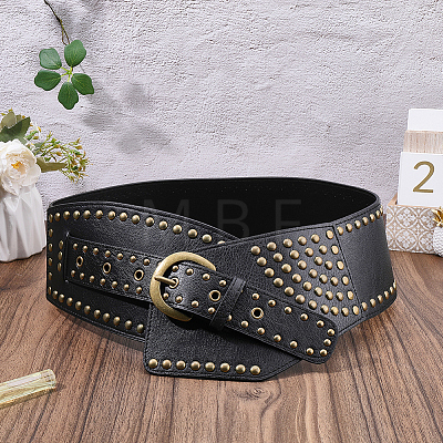 Retro Antique Bronze Alloy Rivets PU Leather Whide Waist Belts for Women AJEW-WH20098-075A-1