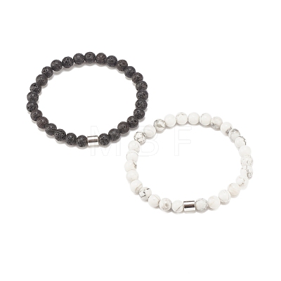 2Pcs Natural Lava Rock & Howlite Round Beaded Stretch Bracelets Set with Synthetic Hematite Column BJEW-JB08060-01-1