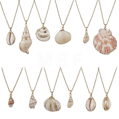 12Pcs 12 Styles Electroplated Natural Mixed Shell Pendant Necklaces NJEW-JN05212-1