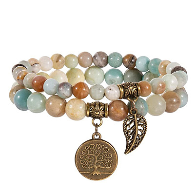 2Pcs Natural Amazonite Round Beads Stretch Bracelets FS-WG435B7-12-1