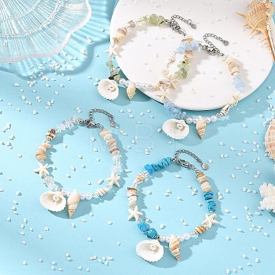 Ocean Natural Clam Shell Charm Anklets AJEW-AN00839-1