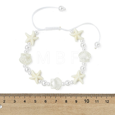 Adjustable Starfish & Shell Shape ABS Imitation Pearl and Synthetical Turquoise Beaded Braided Bead Bracelets for Women BJEW-JB13814-1