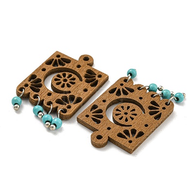 Laser Cut Poplar Wood Pendants Rectangle Charms with Dyed Synthetic Turquoise FIND-G073-07-1