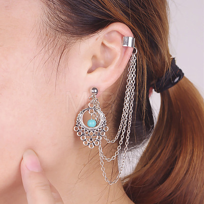 Retro Water Teardrop Turquoise and Twisted Chains Alloy Cuff Earrings EJEW-N0020-004B-1