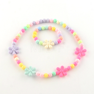 Flower Acrylic Pendant Necklaces and Stretch Bracelets Jewelry Sets X-SJEW-R048-05-1