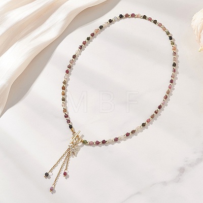 Natural Multicolor Tourmaline Faceted Cube Beaded Brass Micro Pave Clear Cubic Zirconia Butterfly Pendant OT Lariat Necklaces for Women NJEW-JN05807-1