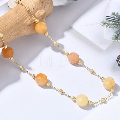 Natural Yellow Aventurine Faceted Flat Round Beaded Chain Necklaces with Matte Brass Beads GG-CBA37F5-01G-08-1
