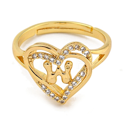 Heart with Letter Rack Plating Brass Micro Pave Clear Cubic Zirconia Adjustable Rings for Women RJEW-I105-01G-W-1