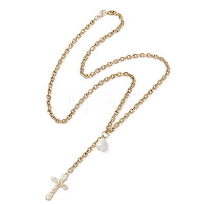 304 Stainless Steel Cable Chain Tassel Cross Pendant Necklaces NJEW-JN05653-1