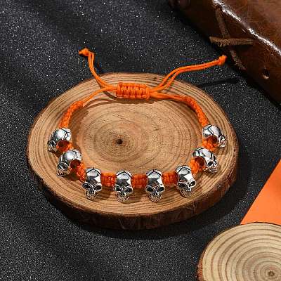 Adjustable Halloween Skull Alloy Braided Beads Bracelets for Women BJEW-78.0-JB10918-1