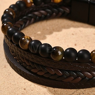 Natural Tiger Eye & Glass Round Beaded Bracelets BJEW-G732-01B-1