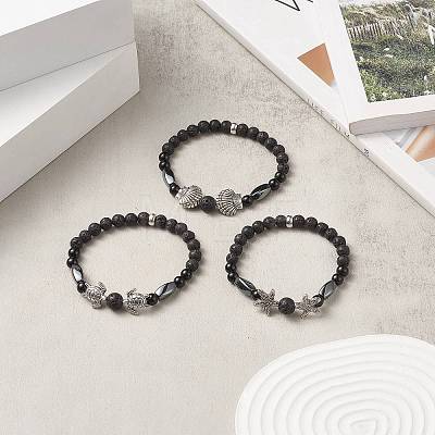 3Pcs 3 Style Natural Lava Rock & Black Onyx Beaded Stretch Bracelets Set BJEW-JB09237-1