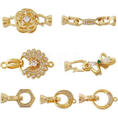 7Pcs 7 Styles Rack Plating Brass Micro Pave Clear Cubic Zirconia Fold Over Clasps KK-FH0004-70-1