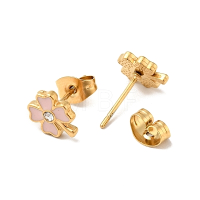 Ion Plating(IP) Enamel Clover with Crystal Rhinestone Stud Earrings with 316 Surgical Stainless Steel Pins EJEW-A081-12G-1