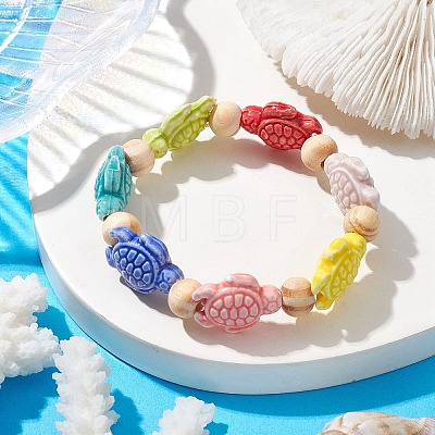 Beach Tortoise Handmade Procelain & Wood Round Beaded Stretch Bracelets BJEW-JB10299-02-1