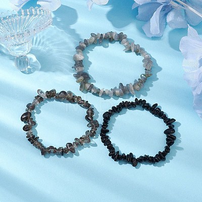 3Pcs Natural Smoky Quartz & Natural Obsidian & Natural Labradorite Chip Beaded Stretch Bracelet Sets BJEW-JB10860-1