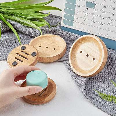   4Pcs 2 Style Flat Round Natural Bamboo Soap Case Holder AJEW-PH0003-24-1